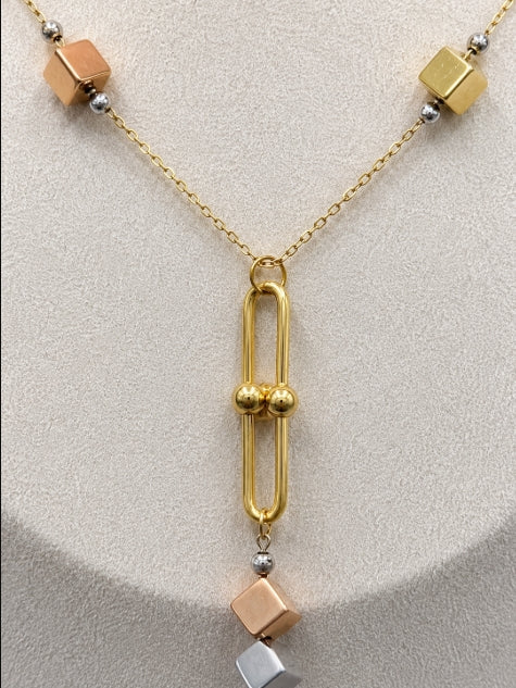 TRICOLOR CUBE CHAIN WITH PAPERCLIP PENDANT